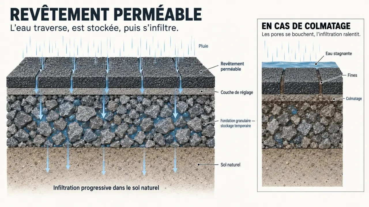 Schéma du fonctionnement d'un revêtement perméable pour sol extérieur et des effets du colmatage