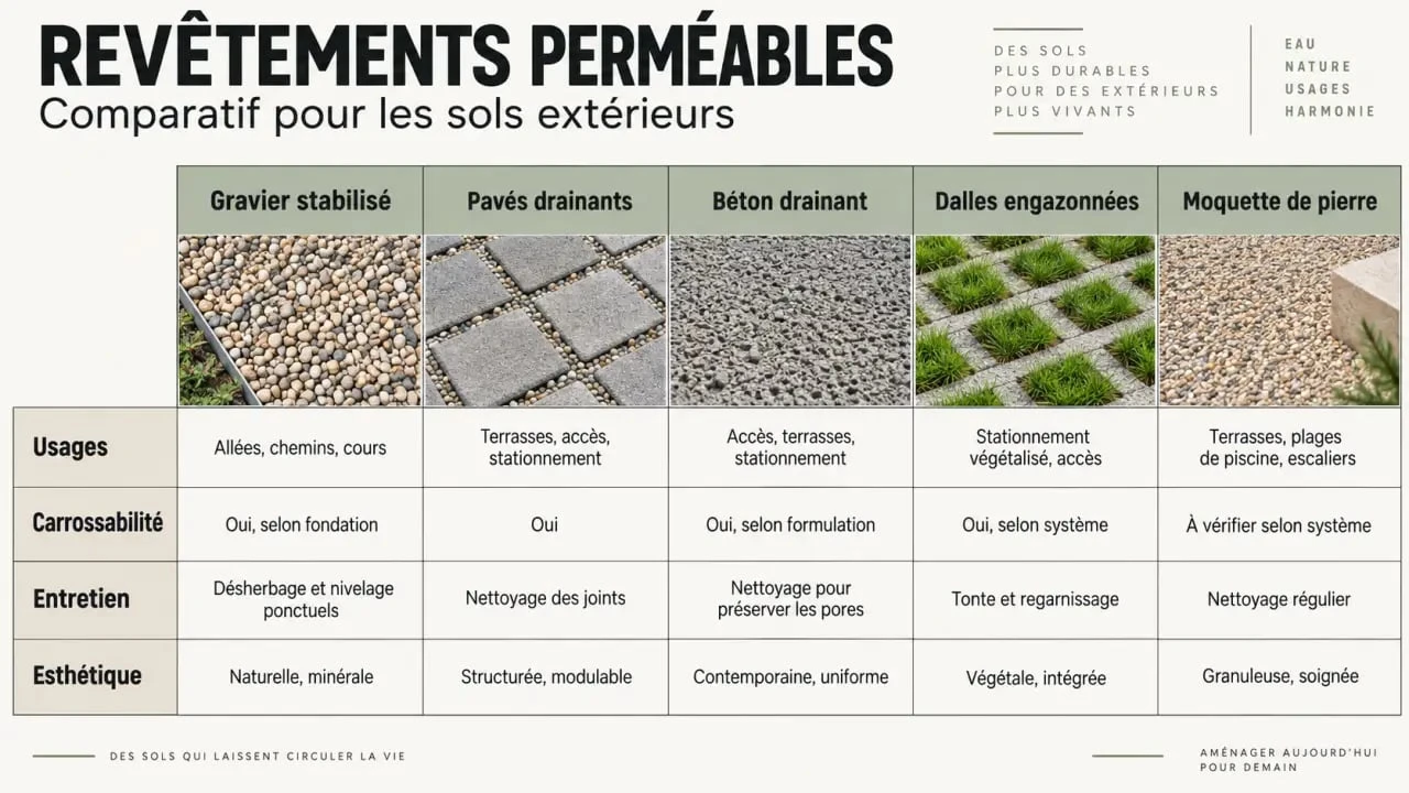 Comparaison des revêtements perméables pour sol extérieur selon les usages et l'entretien