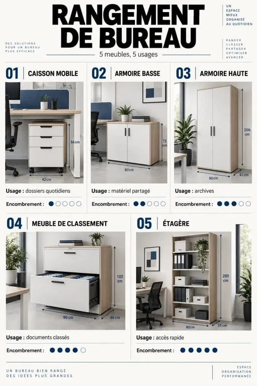 Infographie comparative des types de meuble bureau rangement : caisson, armoire, meuble de classement et étagère