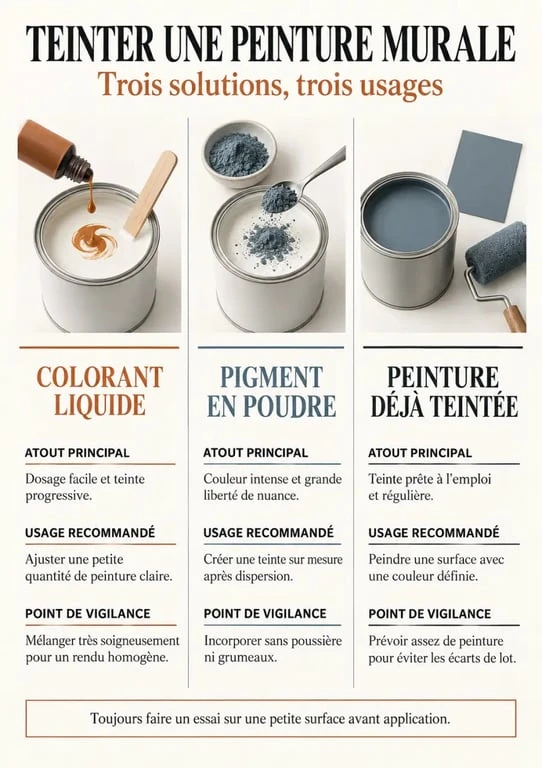 Infographie comparative sur le colorant pour peinture murale liquide, le pigment en poudre et la peinture déjà teintée