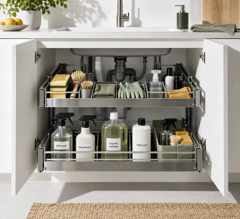 Rangement meuble cuisine sous évier avec système coulissant.