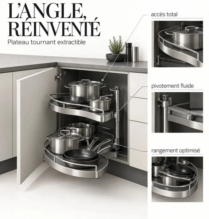 Meuble d'angle optimisé pour le rangement meuble cuisine.