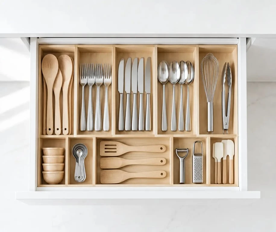 Tiroir de cuisine avec rangement meuble cuisine optimisé par des séparateurs.