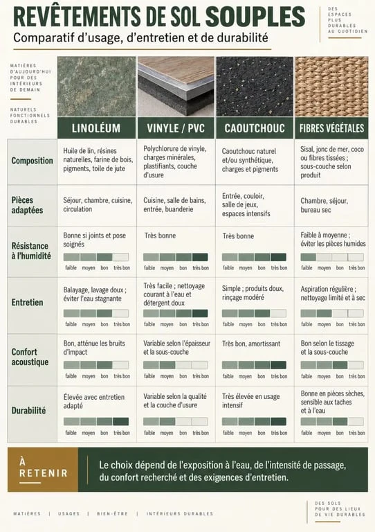 Infographie comparative des revêtements de sol souple selon les matériaux et les usages