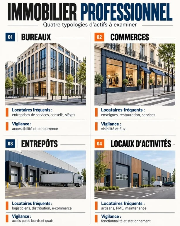 Infographie sur l’investissement immobilier professionnel : bureaux, commerces, entrepôts et locaux d’activités