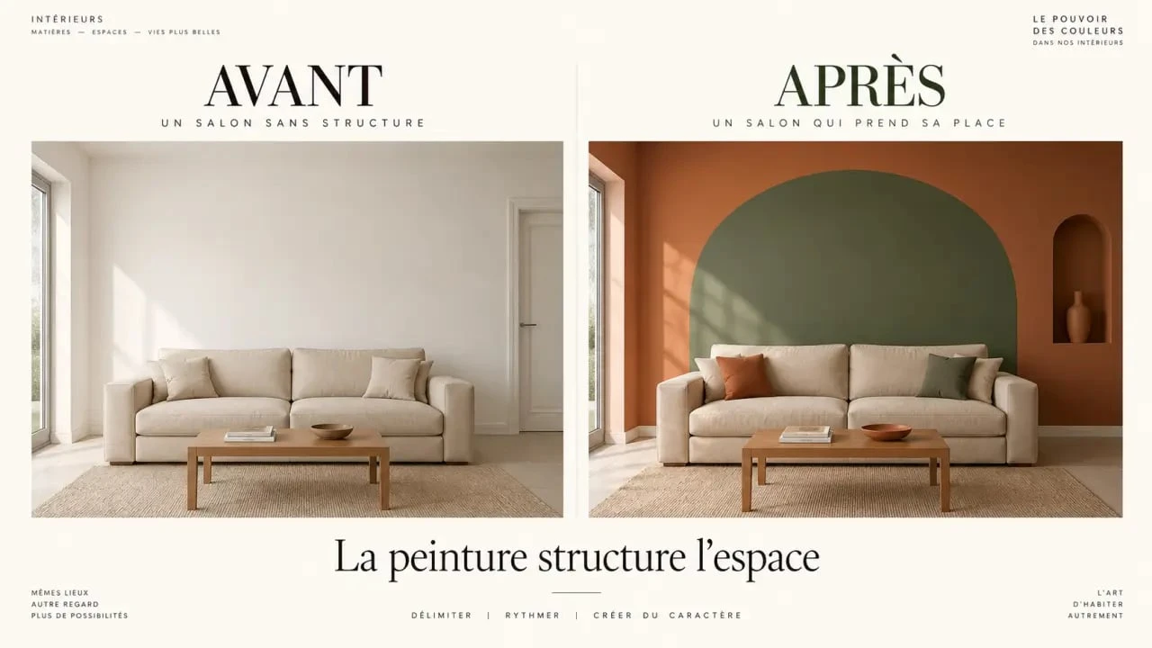 Avant-après d'une décoration en peinture murale avec mur d'accent et forme graphique