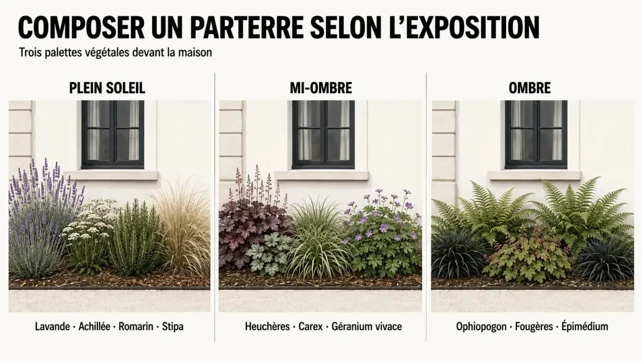 Parterre devant maison sans entretien avec compositions adaptées au soleil, à la mi-ombre et à l’ombre