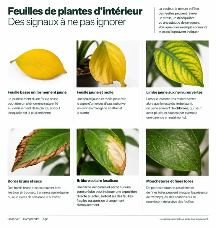 Infographie de diagnostic d’une plante verte feuille jaune selon les symptômes visibles