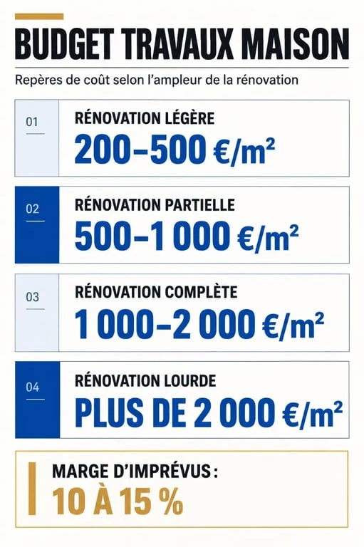 Infographie des fourchettes de budget travaux maison selon le niveau de rénovation