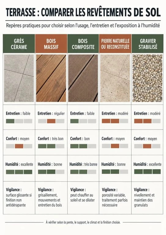 Infographie comparative des solutions de revêtement sol extérieur terrasse selon l’entretien, le confort et la résistance