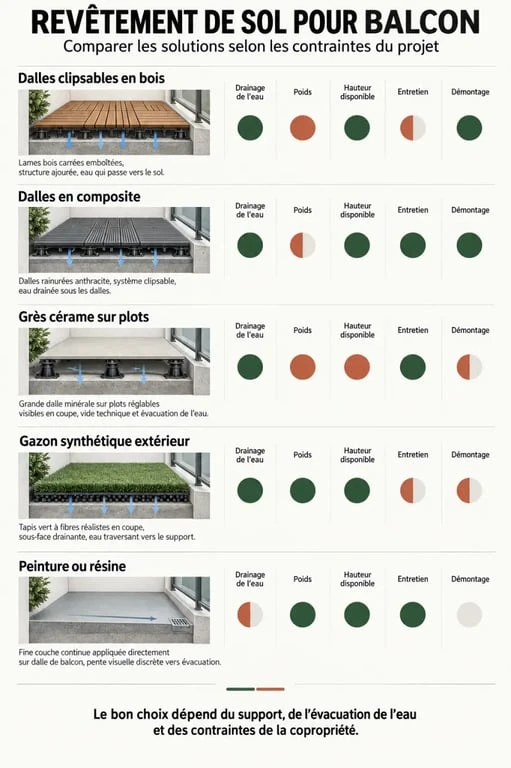 Infographie sur le revêtement sol balcon et les critères de choix selon le drainage, le poids et l’entretien