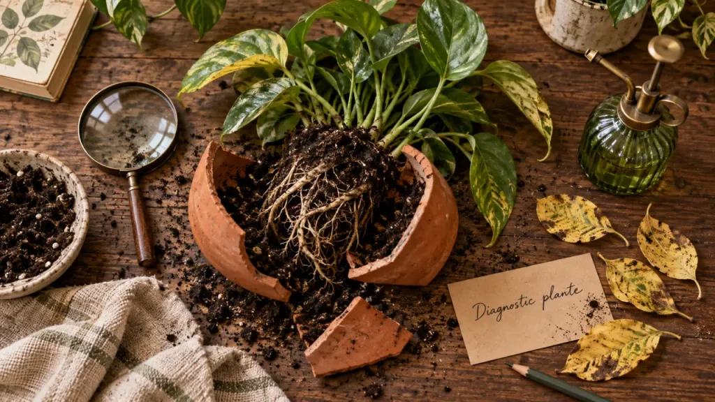 Maladie plante verte : diagnostic avant traitement, plante en pot et racines visibles