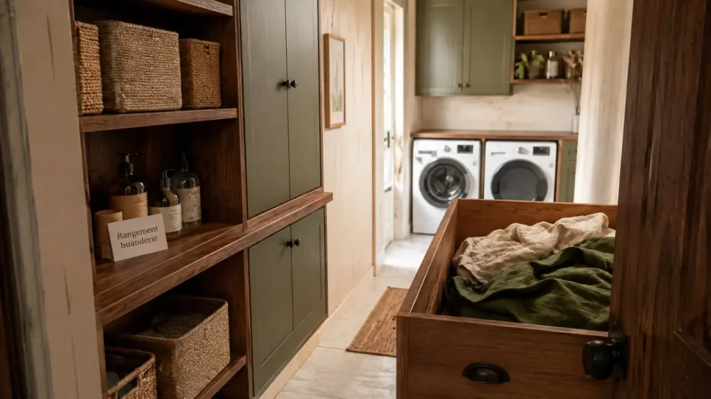 Meuble rangement buanderie en bois vert olive avec étagères