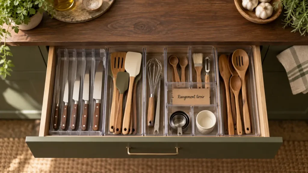Rangement meuble cuisine : tiroir organisé et compartimenté