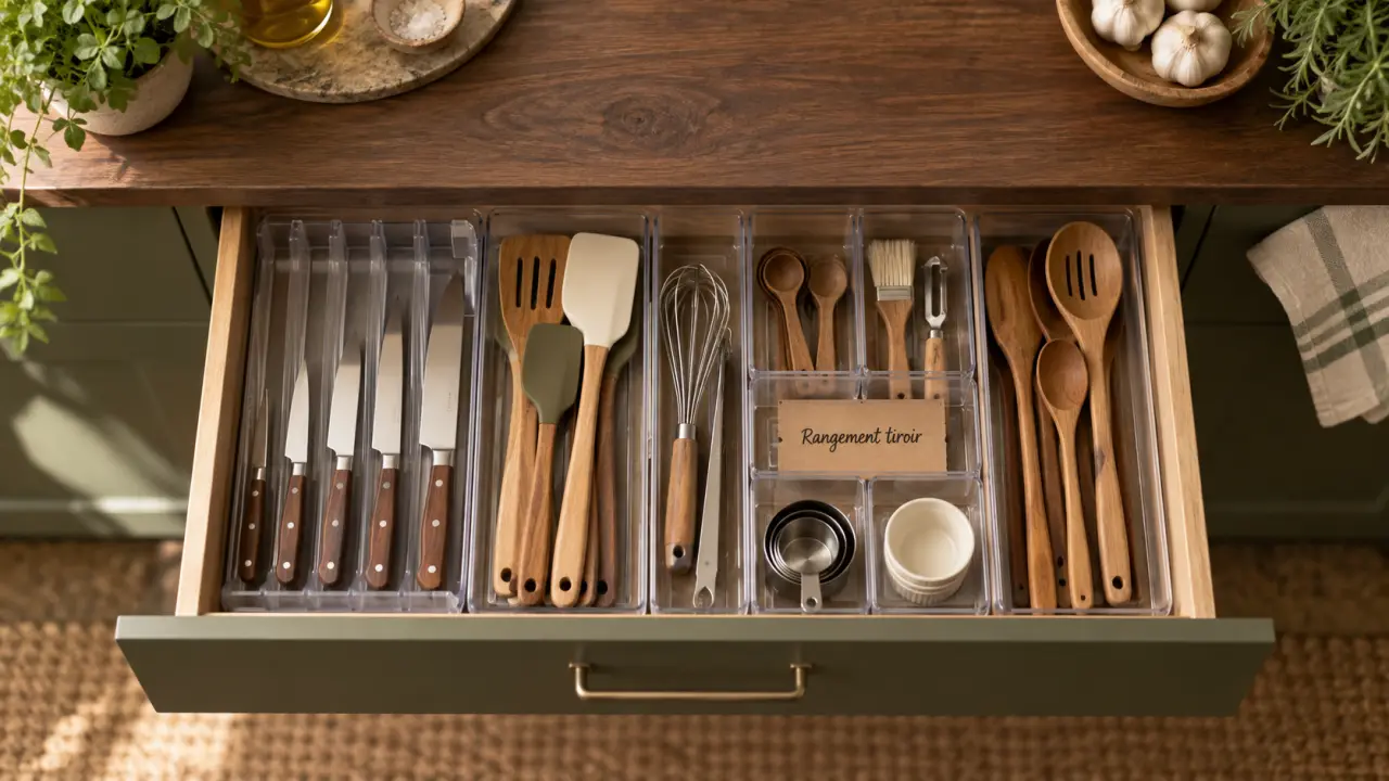 Rangement meuble cuisine : tiroir organisé et compartimenté