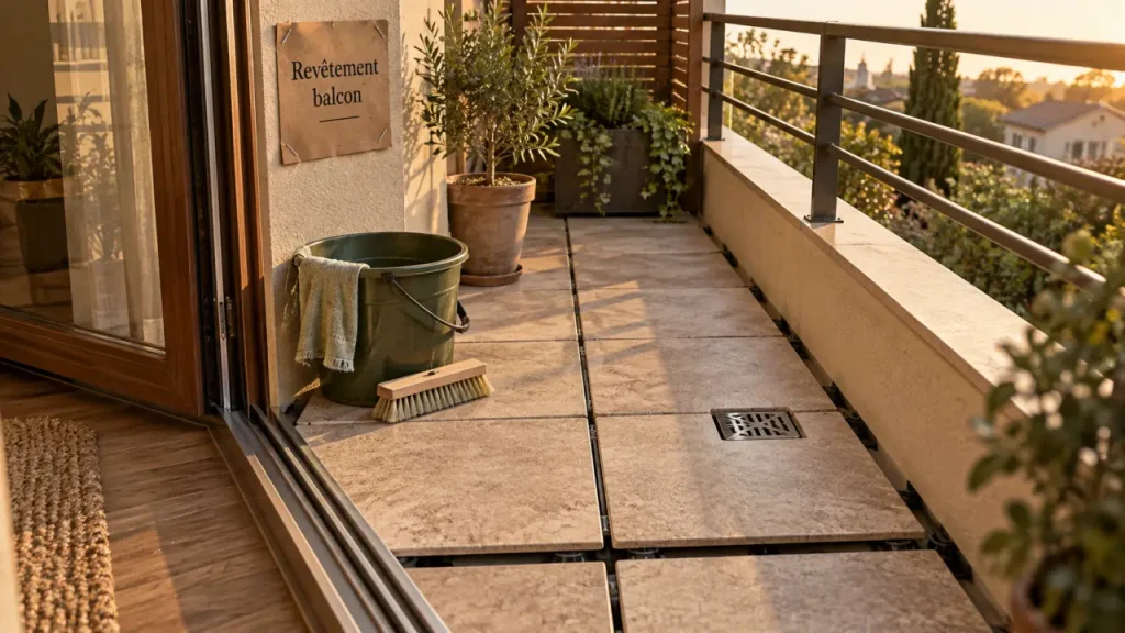 Revêtement sol balcon : dalle ajourée antidérapante sur plots, drainage visible