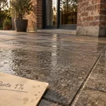 Revêtement de sol extérieur imperméable : terrasse étanche, gouttes d’eau drainées vers une canivelle