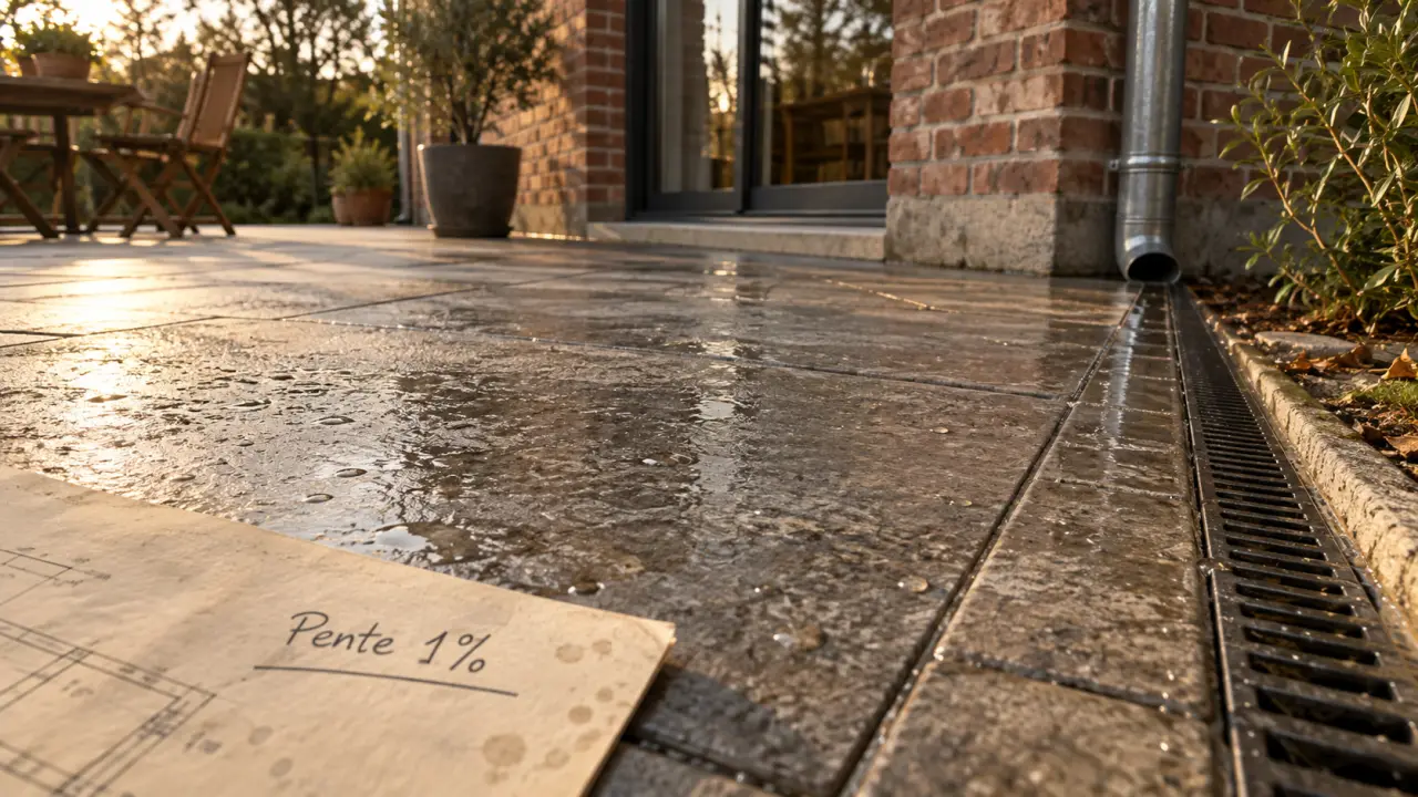 Revêtement de sol extérieur imperméable : terrasse étanche, gouttes d’eau drainées vers une canivelle