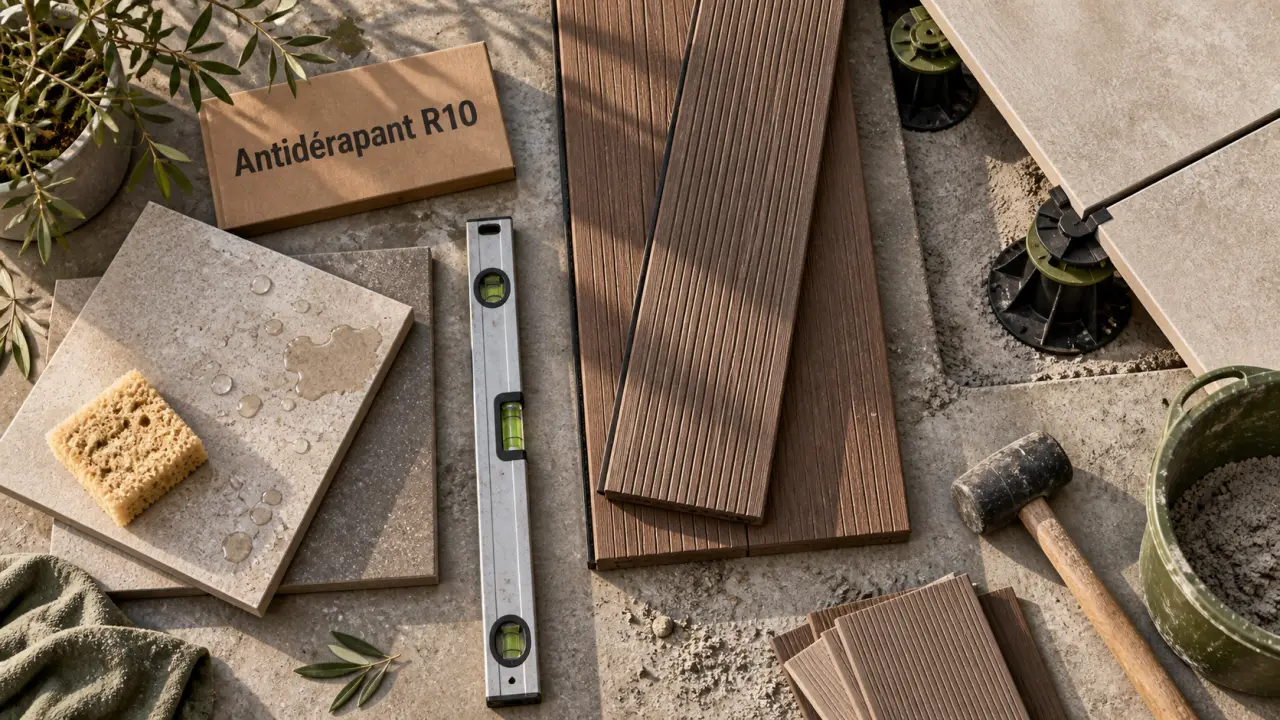 Revêtement sol extérieur terrasse : carrelage antidérapant et problème de drainage humide