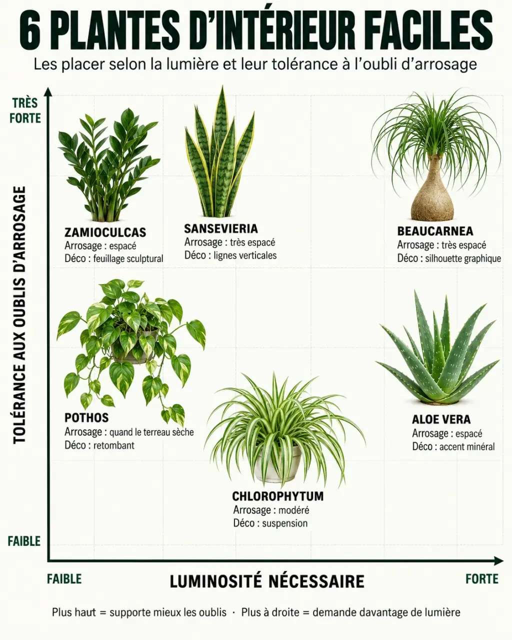 Infographie des plantes d’intérieur faciles selon la lumière et l’arrosage