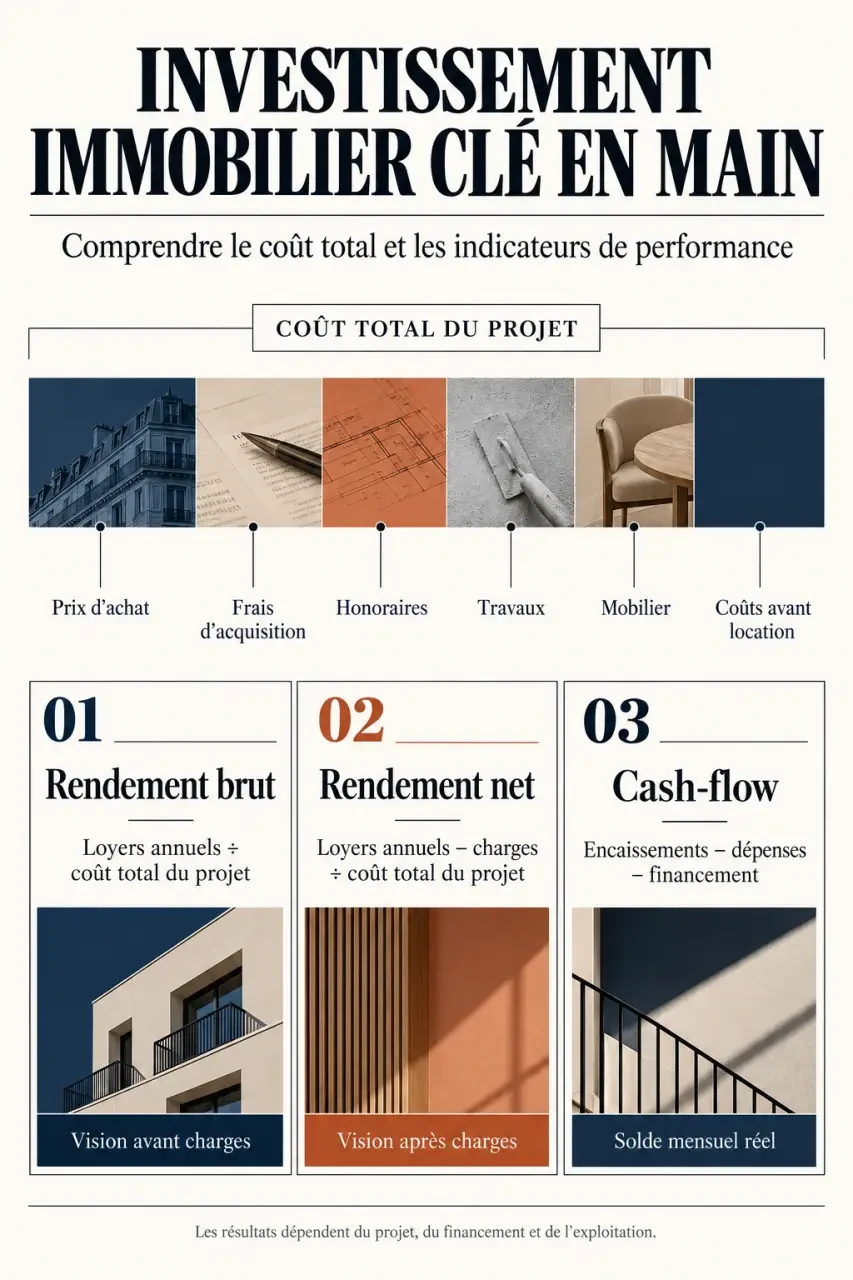 Infographie sur l'investissement immobilier clé en main, le coût total, le rendement brut, le rendement net et le cash-flow