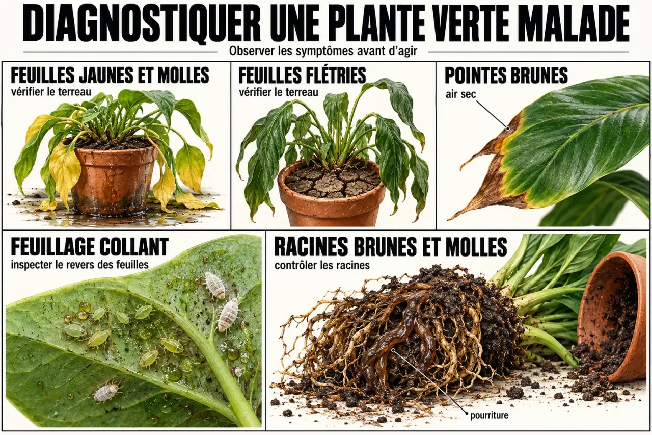 Infographie pour diagnostiquer une plante verte malade selon les symptômes visibles