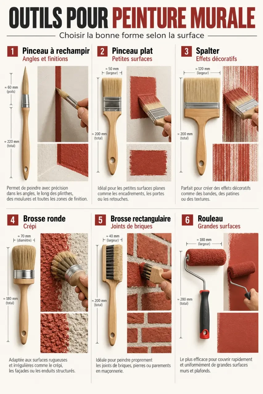 Pinceau pour peinture murale et outils adaptés aux angles, au crépi, aux briques et aux grandes surfaces