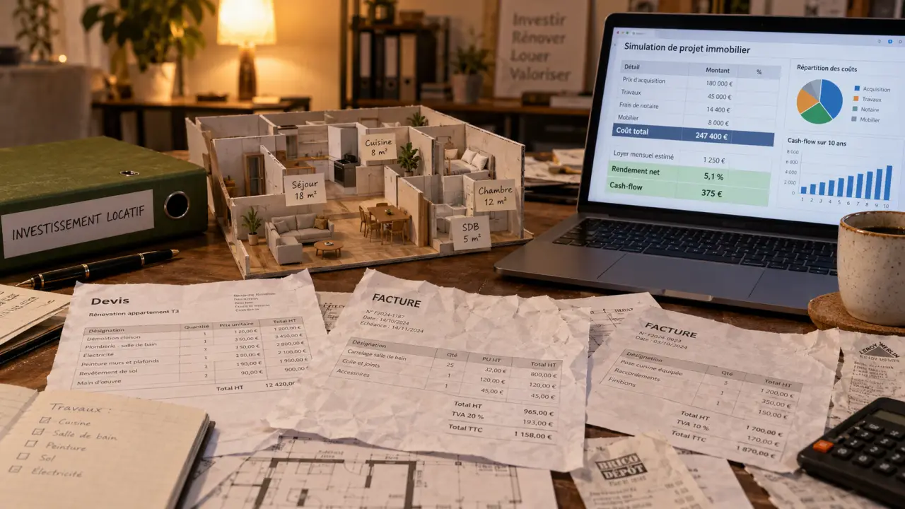 Investissement immobilier clé en main : contrôle budget, devis et factures sur table