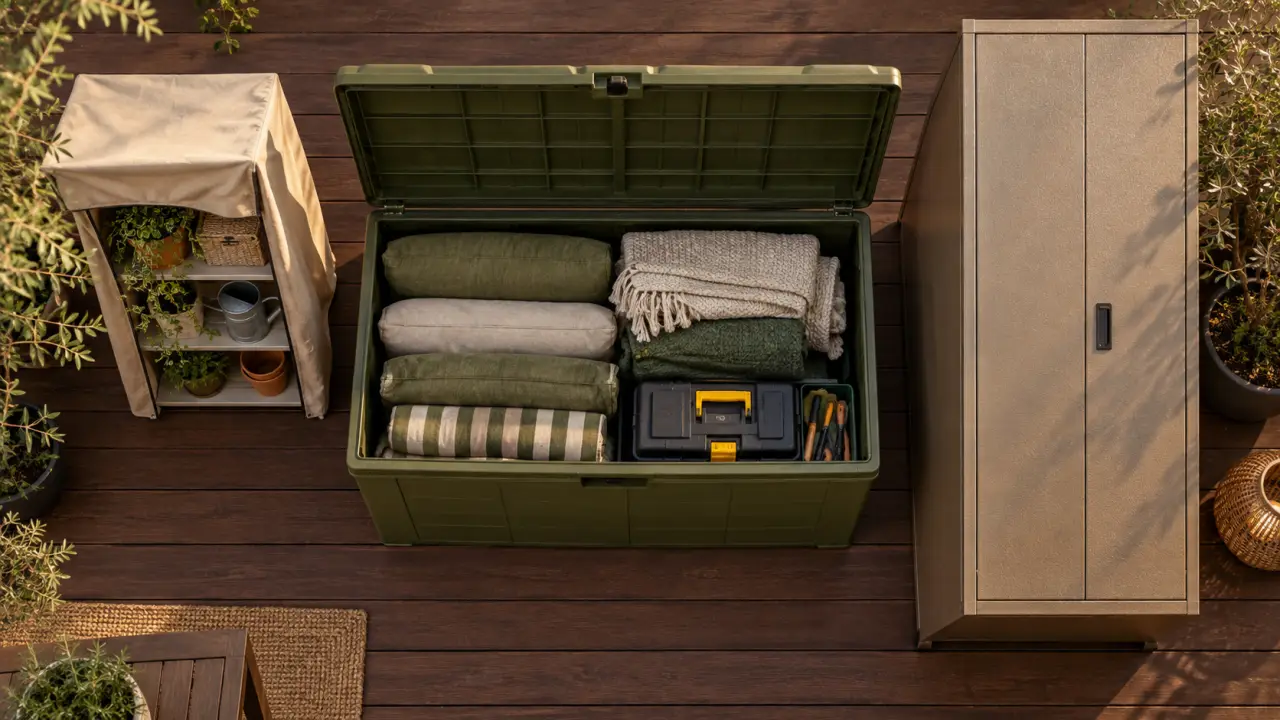 Meuble rangement exterieur sur terrasse : coffre bas et armoire verticale