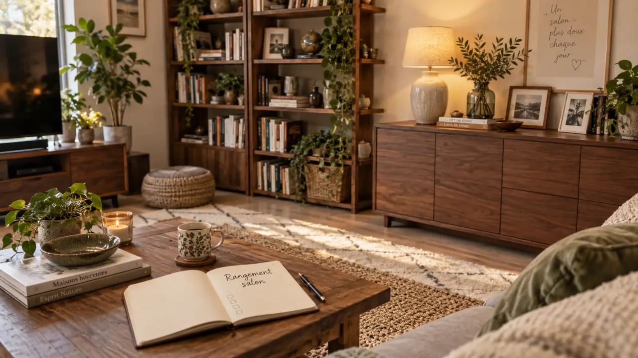Meuble rangement salon en bois brun : buffet TV et bibliothèque ouverte