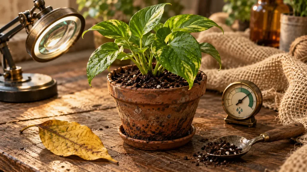 Plante verte malade : feuilles molles et terreau humide