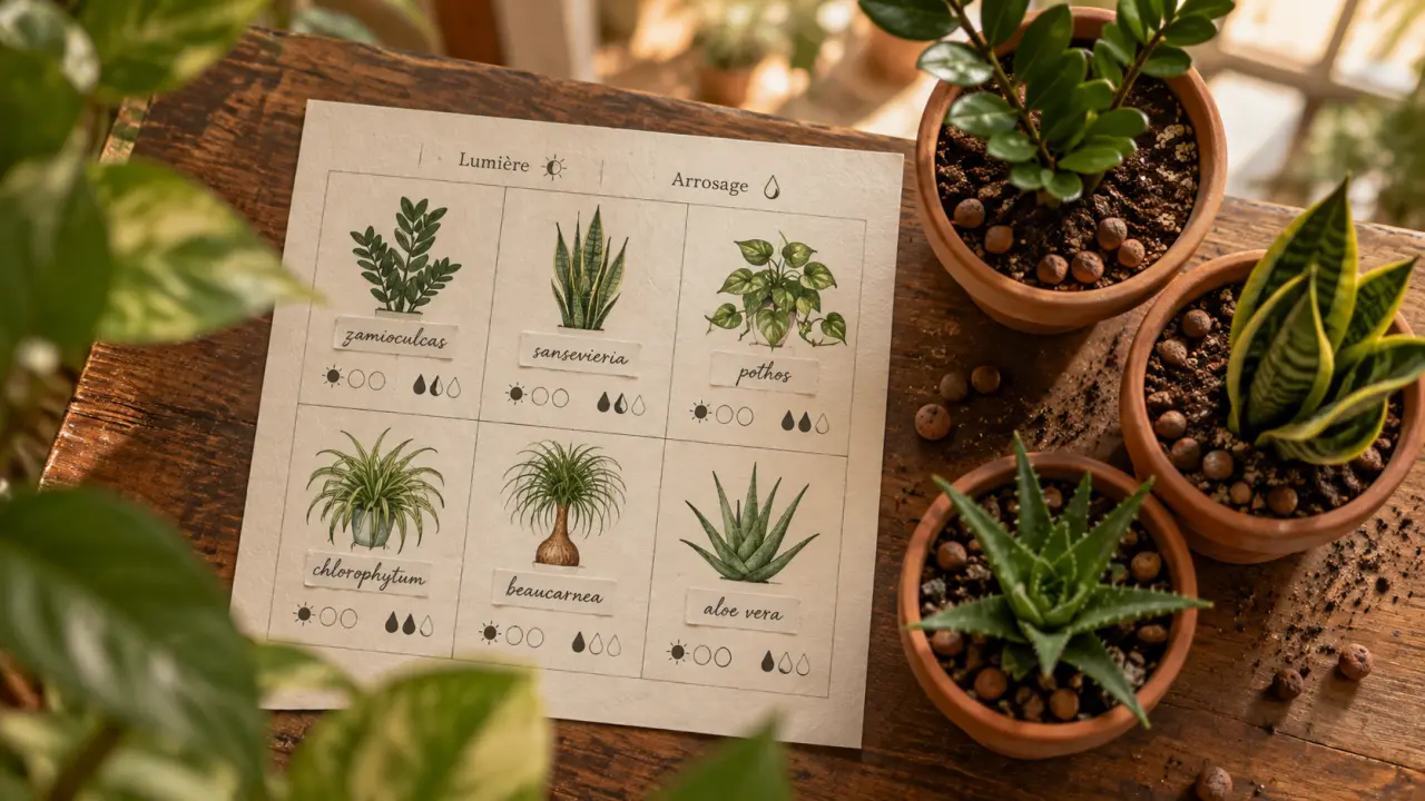 Plantes d intérieur facile : zamioculcas, sansevieria, pothos, chlorophytum, beaucarnea, aloe vera selon la lumière